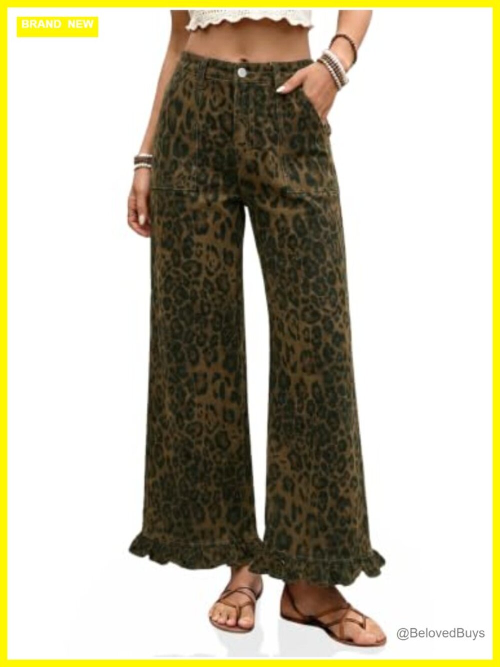 Ruffle Hem Cropped Wide Leg High Rise Baggy Jeans Cotton Blend